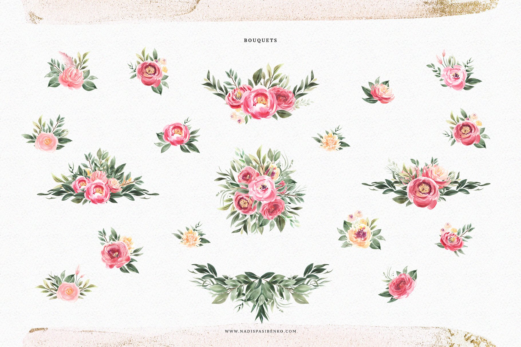 温柔粉色色调手绘水彩花卉植物设计素材 Watercolor-