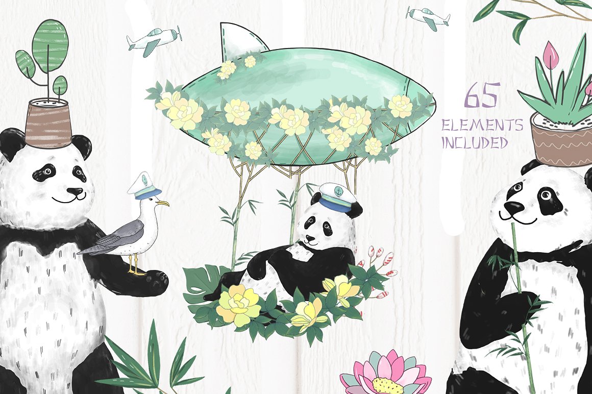 可爱的手绘夏季主题熊猫冒险设计素材 1690328_Pand