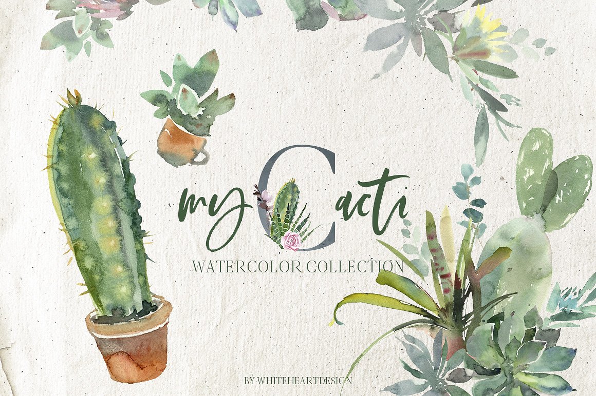 手绘水彩盆栽仙人掌绿色植物设计素材 Cacti-Waterc