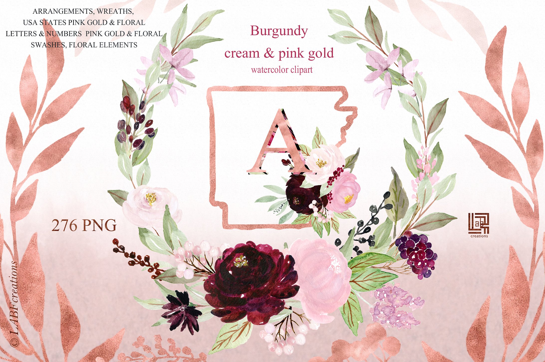 勃艮第手绘水彩花卉植物设计素材 Burgundy-cream