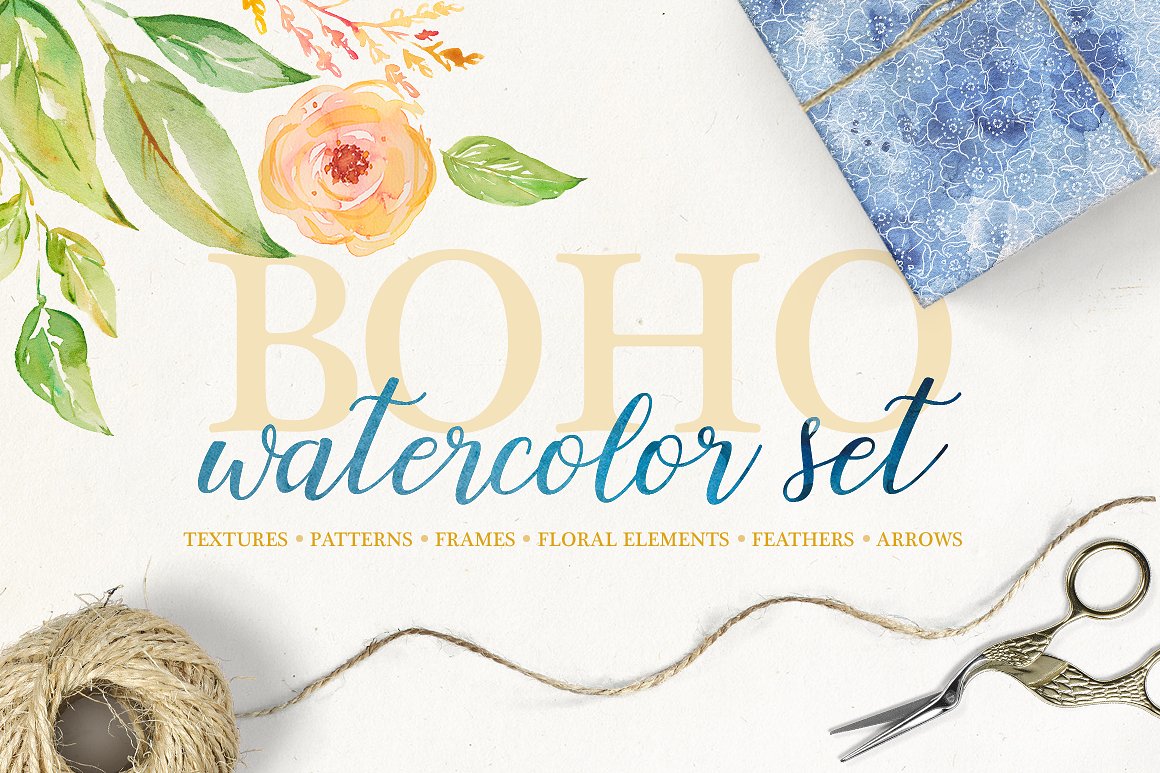 波希米亚风格手绘水彩装饰素材 Boho-watercolor