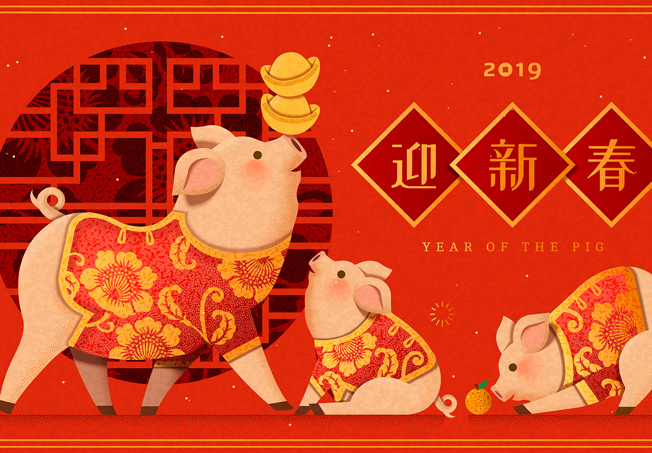 猪年农历新年传统年画迎新高清背景素材 2019 Happy
