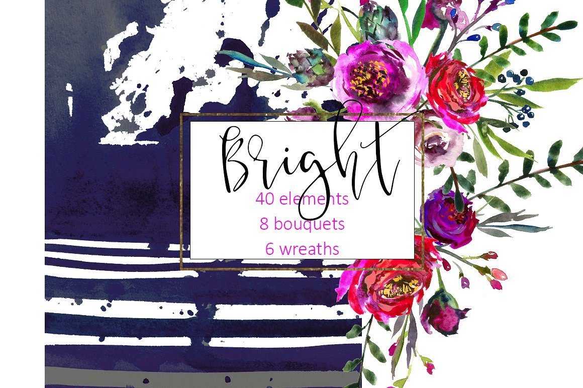 鲜艳的紫色手绘水彩花卉植物设计素材 Bright-Purpl