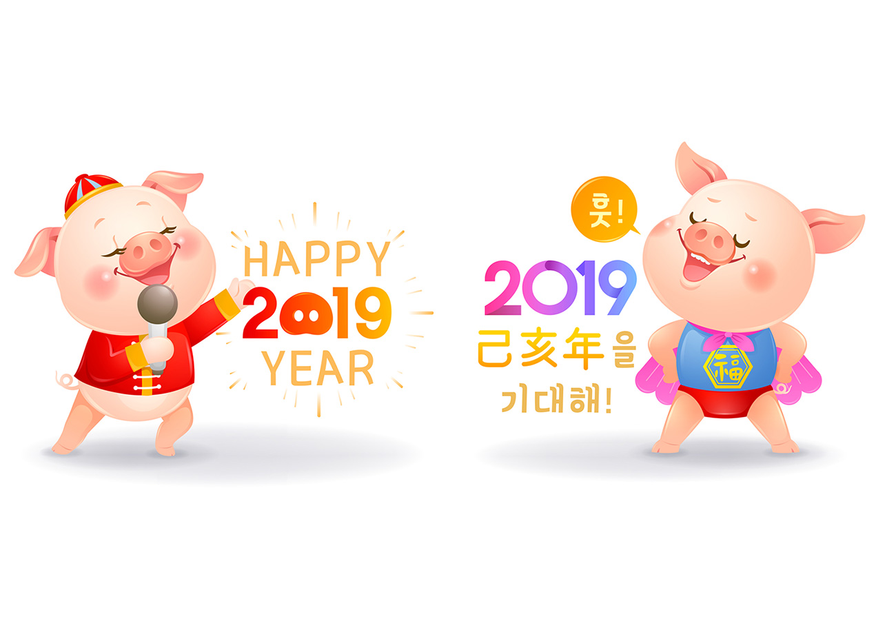 2019新年传统生肖猪年卡通形象矢量插画素材合集包