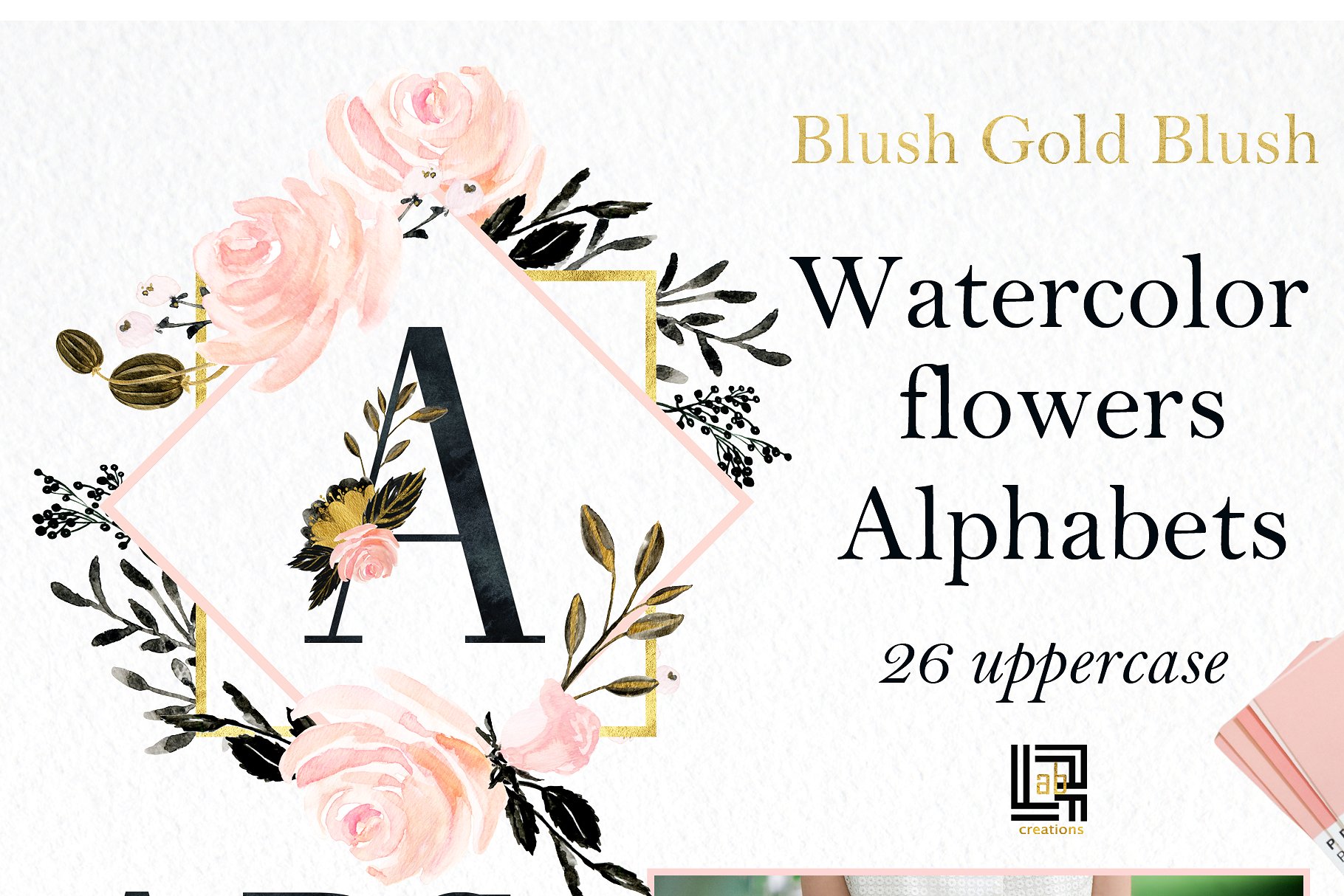 浪漫精致黑色优雅水彩花卉设计素材Blush-Gold-Bla