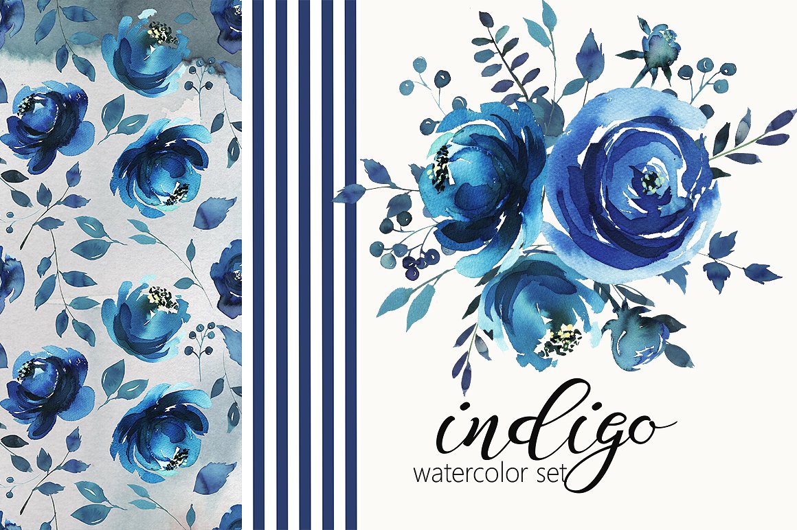 靛蓝手绘水彩花卉设计素材 45off-Indigo-Wate