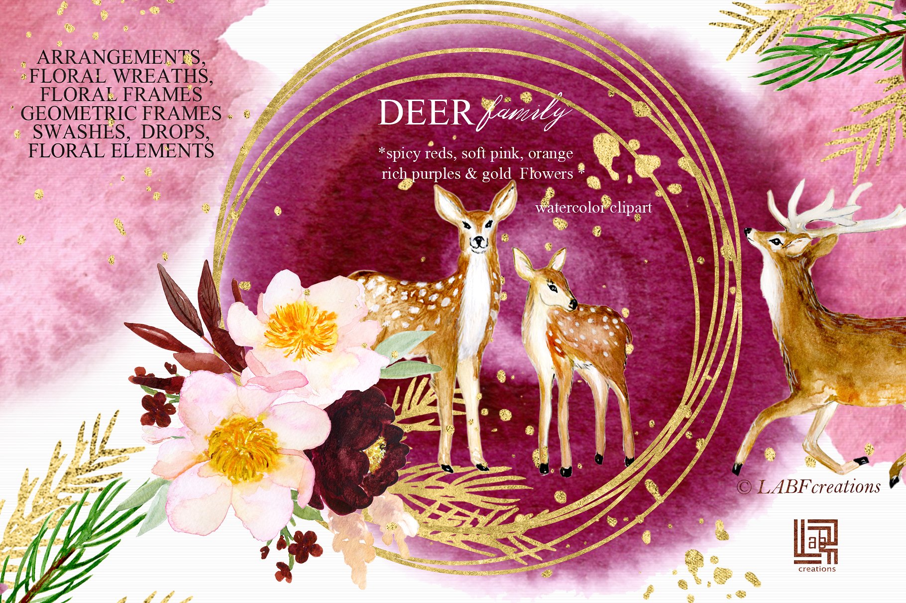 手绘水彩丛林梅花鹿植物设计素材 Deer-family.-S