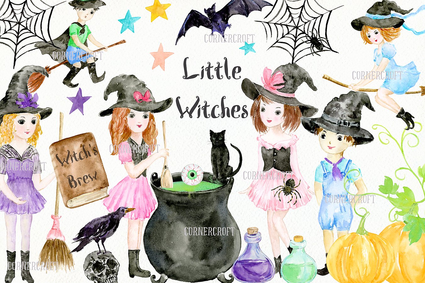 手绘水彩小女巫设计素材 Little-Witches-Des