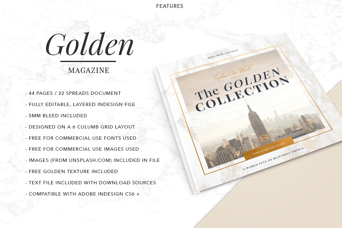 奢华大理石纹理风格画册杂志模板 GOLDEN-Theme-M