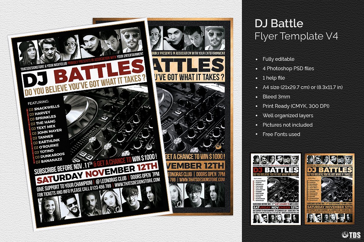 DJ音乐对决比赛传单海报PSD模板 DJ-Battle-Fl