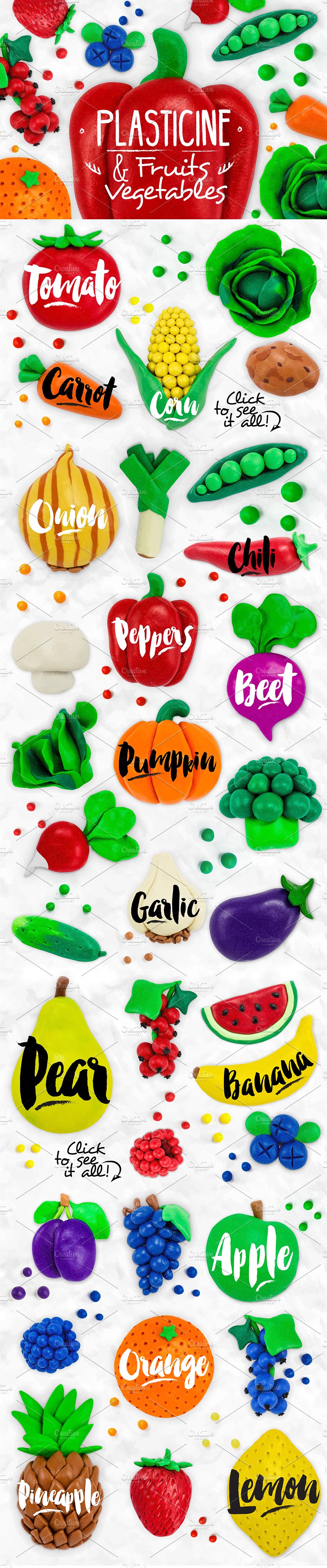 橡皮泥水果和蔬菜设计素材 Set-Plasticine-Fr