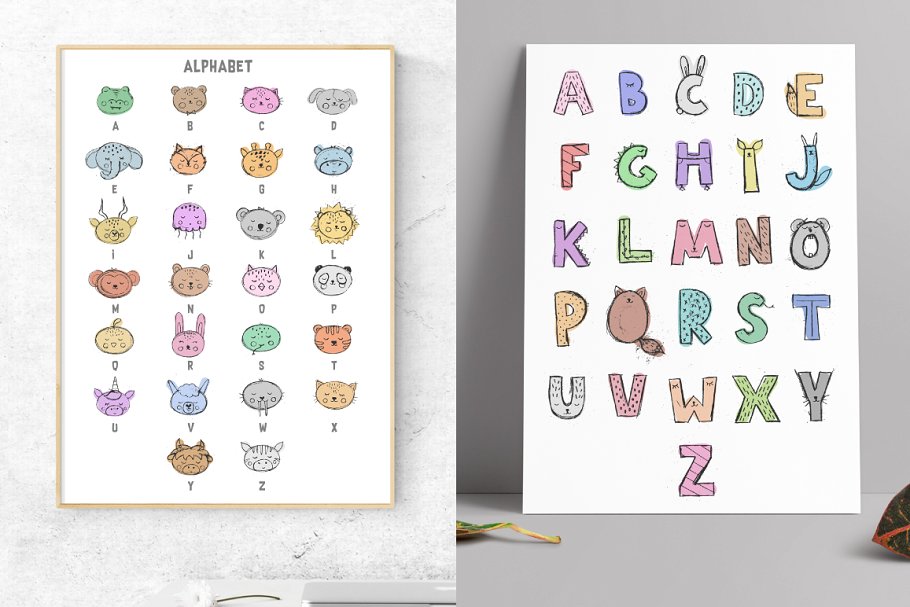 矢量手绘可爱动物字母插画素材 Cute-Stamps