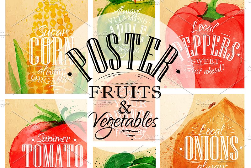 矢量手绘水彩水果/蔬菜海报设计素材 Poster-Fruit