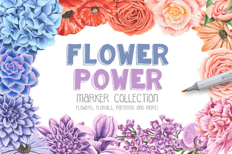 高品质记号笔花卉花圈插画素材 Flower-Power-Ma