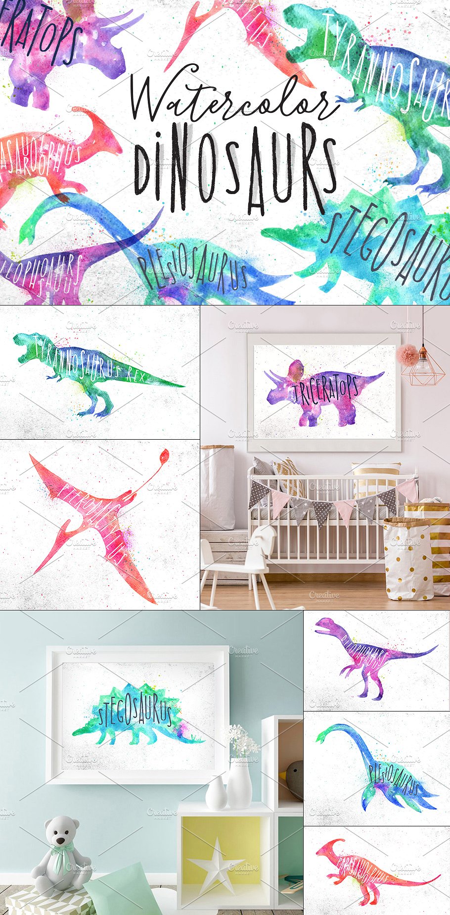 手绘水彩恐龙设计素材Watercolor Dinosaurs