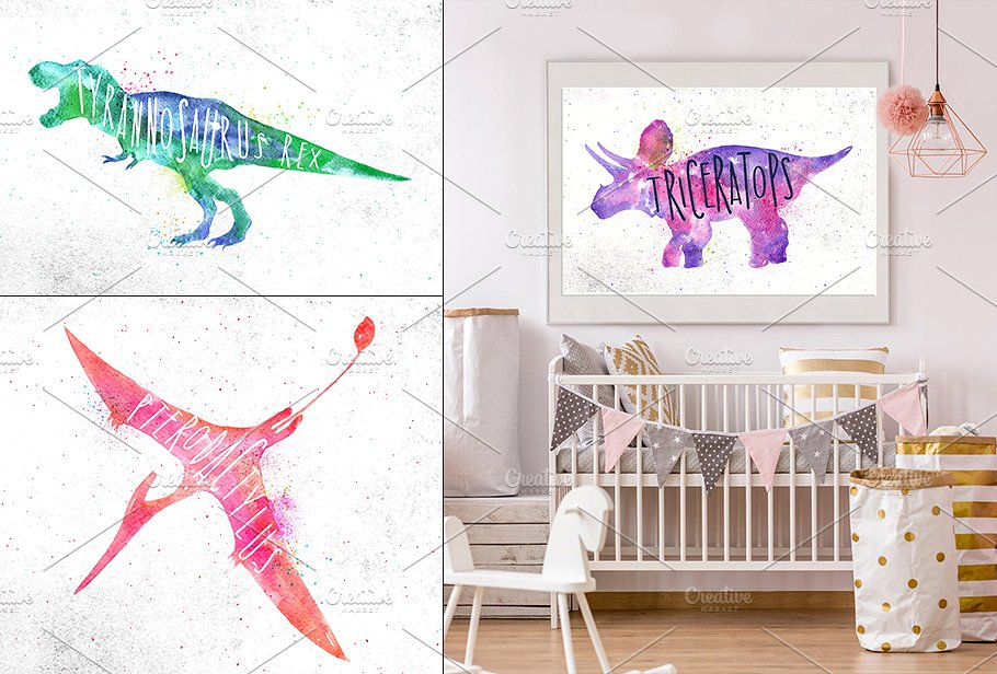 手绘水彩恐龙设计素材Watercolor Dinosaurs