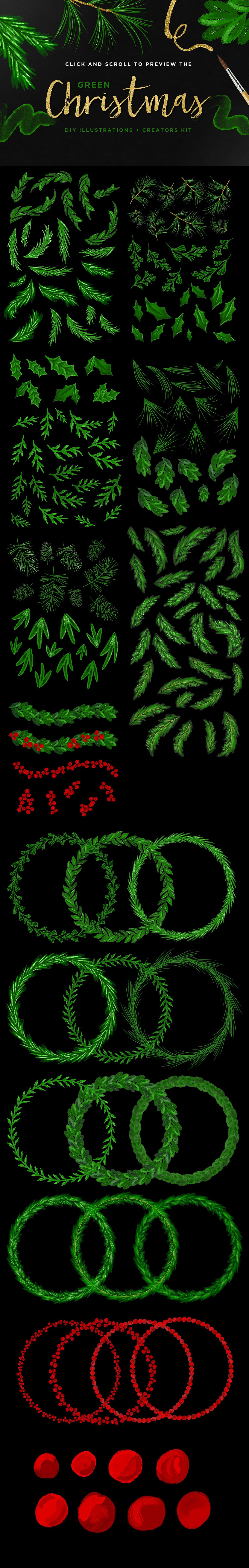 手绘水彩绿色植物装饰素材 Green-Christmas-D