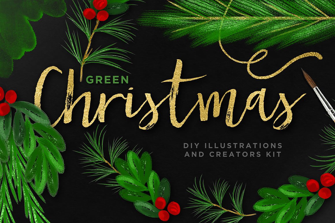 手绘水彩绿色植物装饰素材 Green-Christmas-D