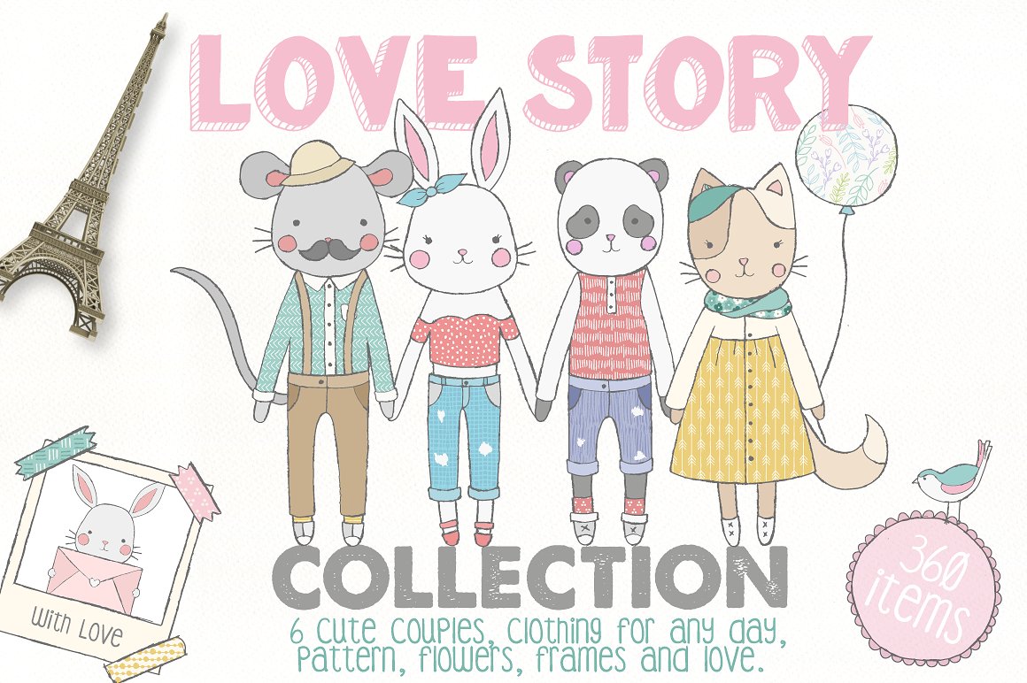 可爱卡通动物水彩插画素材 Love-Story-Collec