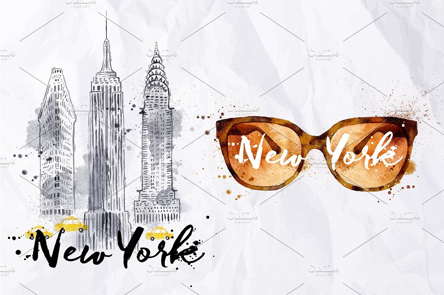 美国纽约旅游景点美食插画素材 New-York-Symbol