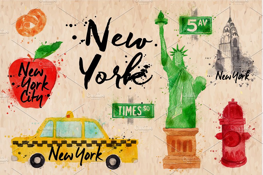 美国纽约旅游景点美食插画素材 New-York-Symbol