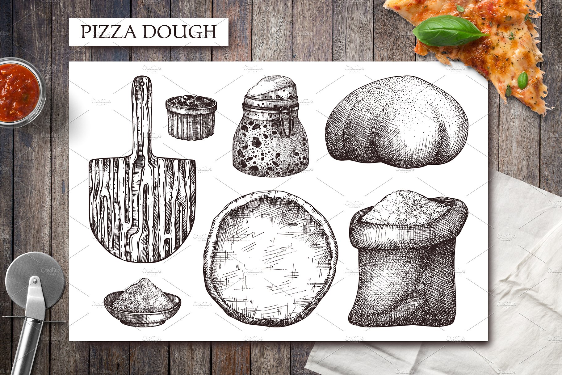 复古手绘快餐披萨插画素材 Pizza-Ingredients