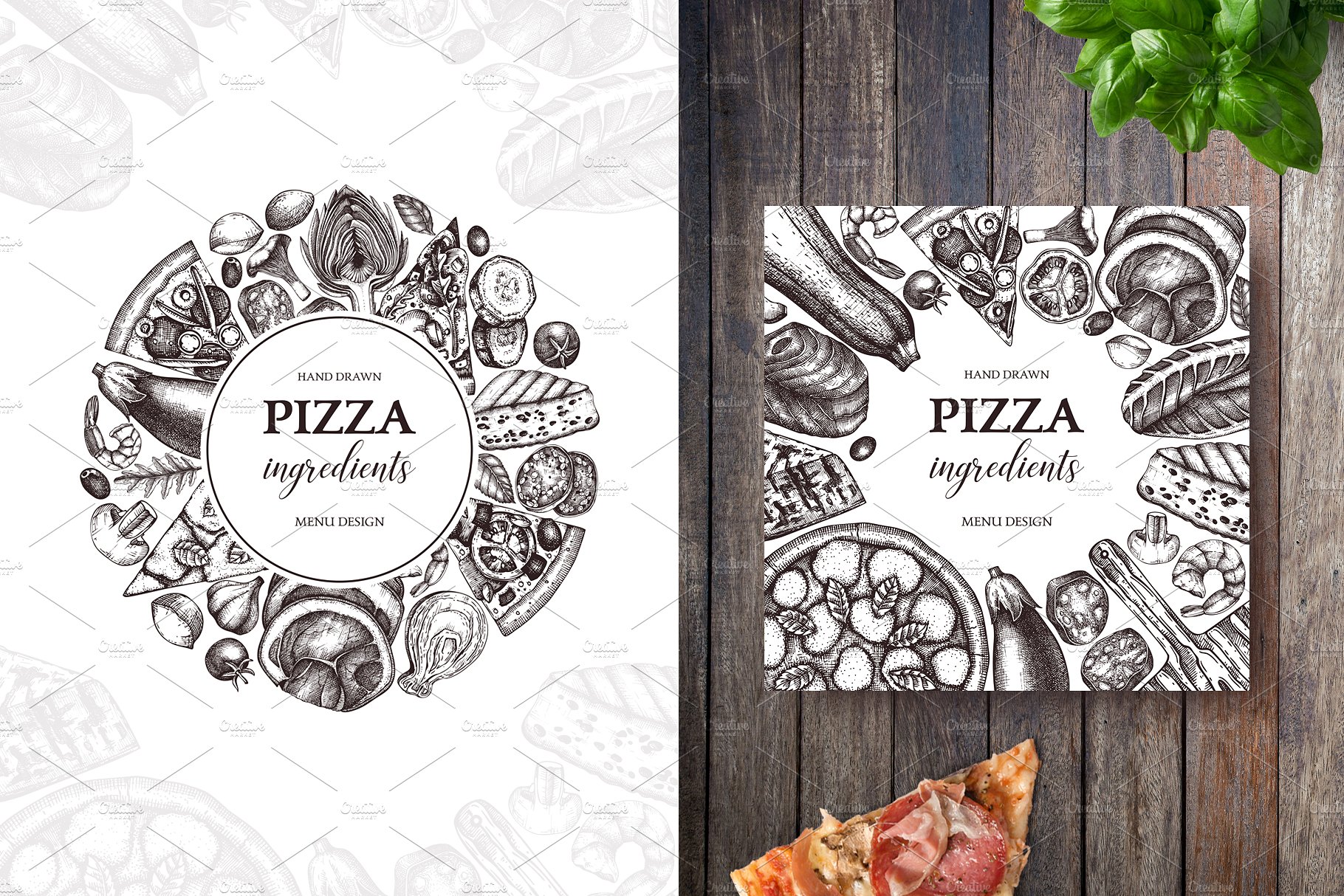 复古手绘快餐披萨插画素材 Pizza-Ingredients