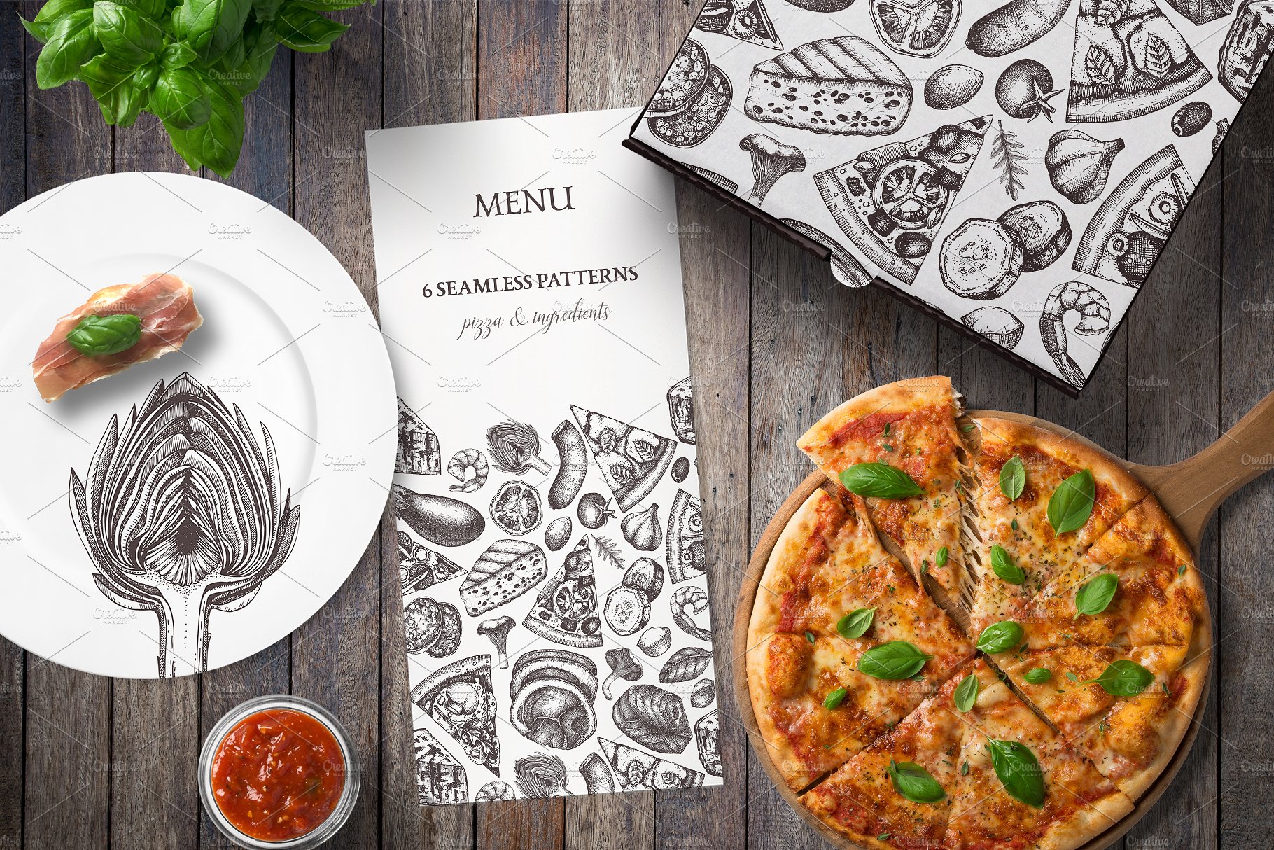 复古手绘快餐披萨插画素材 Pizza-Ingredients