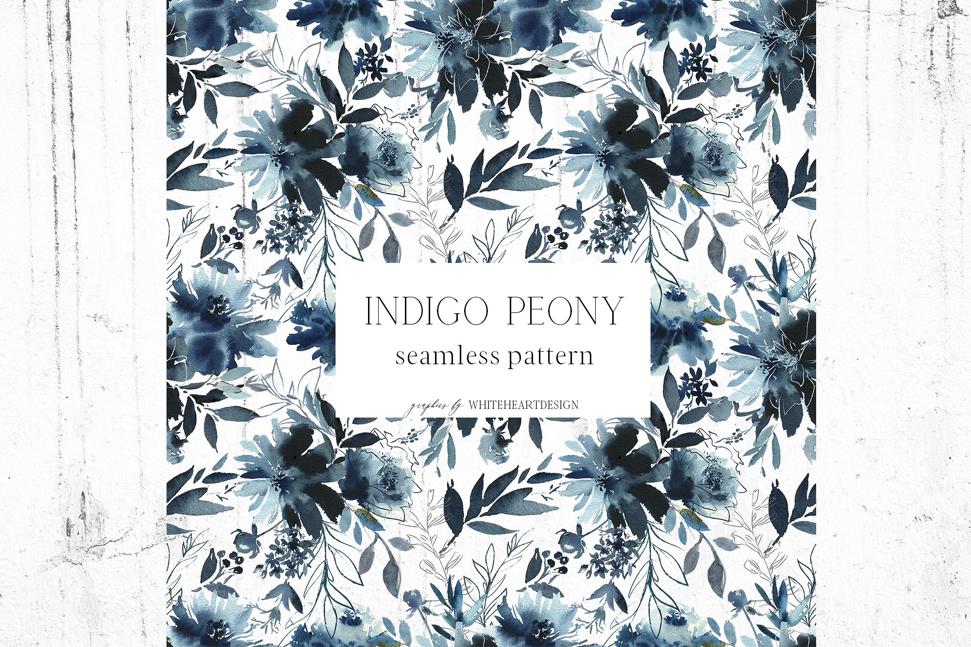 靛蓝水彩牡丹花卉花圈设计素材 Indigo-Peony-Wa