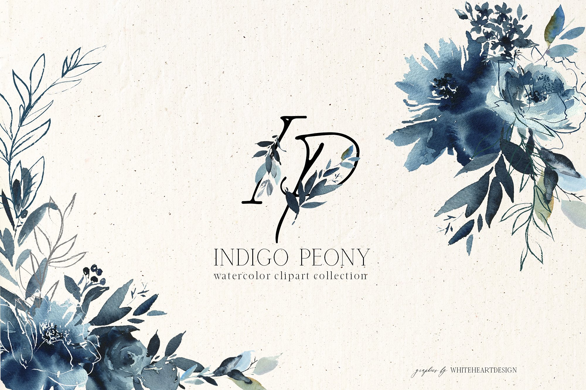 靛蓝水彩牡丹花卉花圈设计素材 Indigo-Peony-Wa