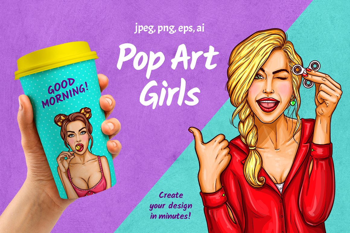 美式风格时尚手绘女性插画素材 pop-art-girls