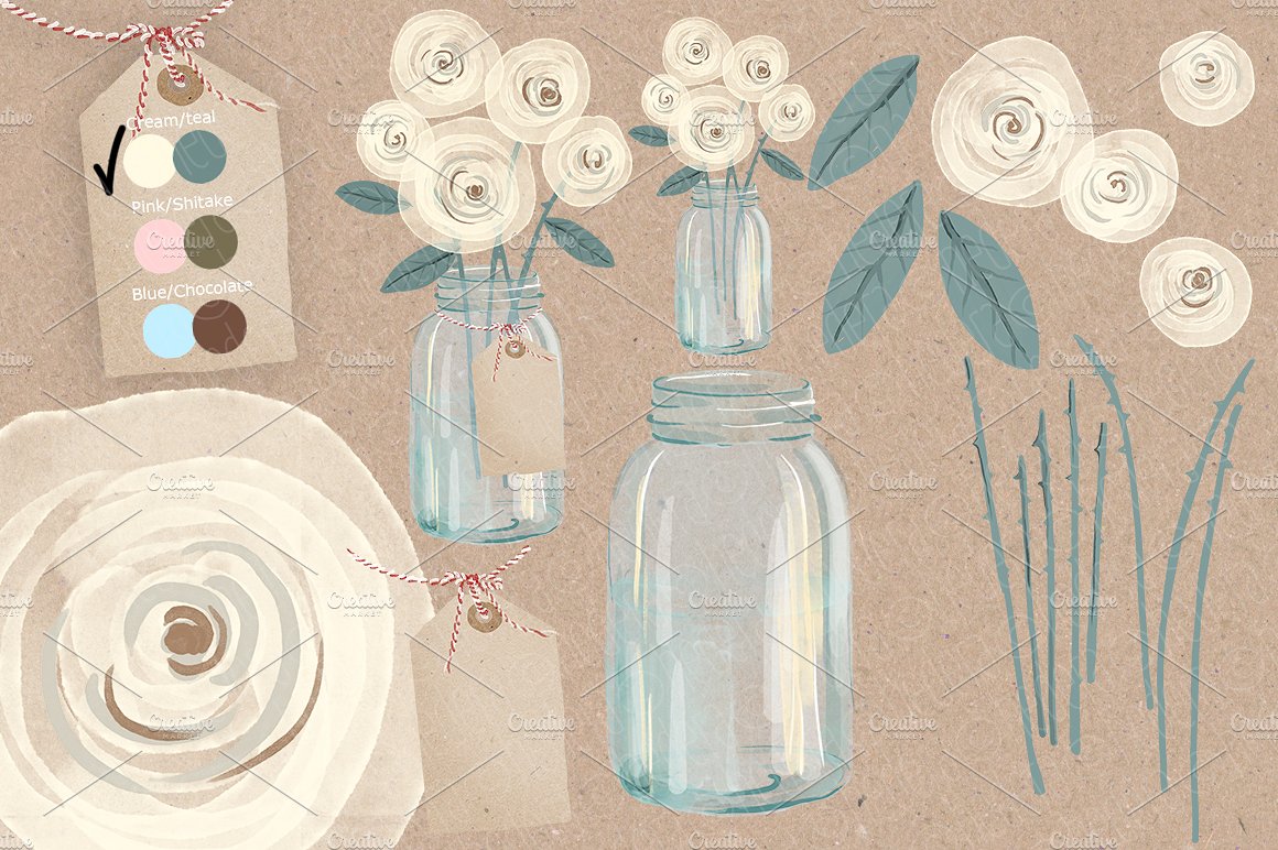 手绘水彩花卉元素梅森罐子设计素材 Watercolor-cr
