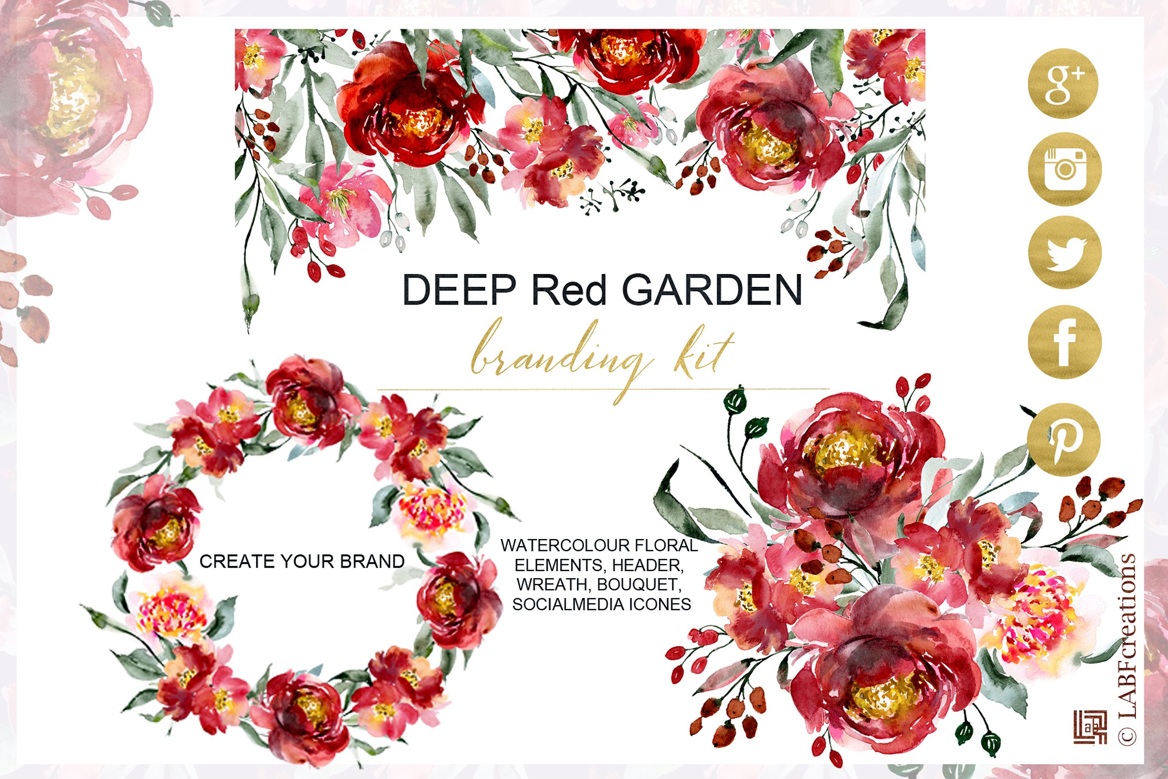 手绘水彩花卉植物设计素材 Deep red garden.