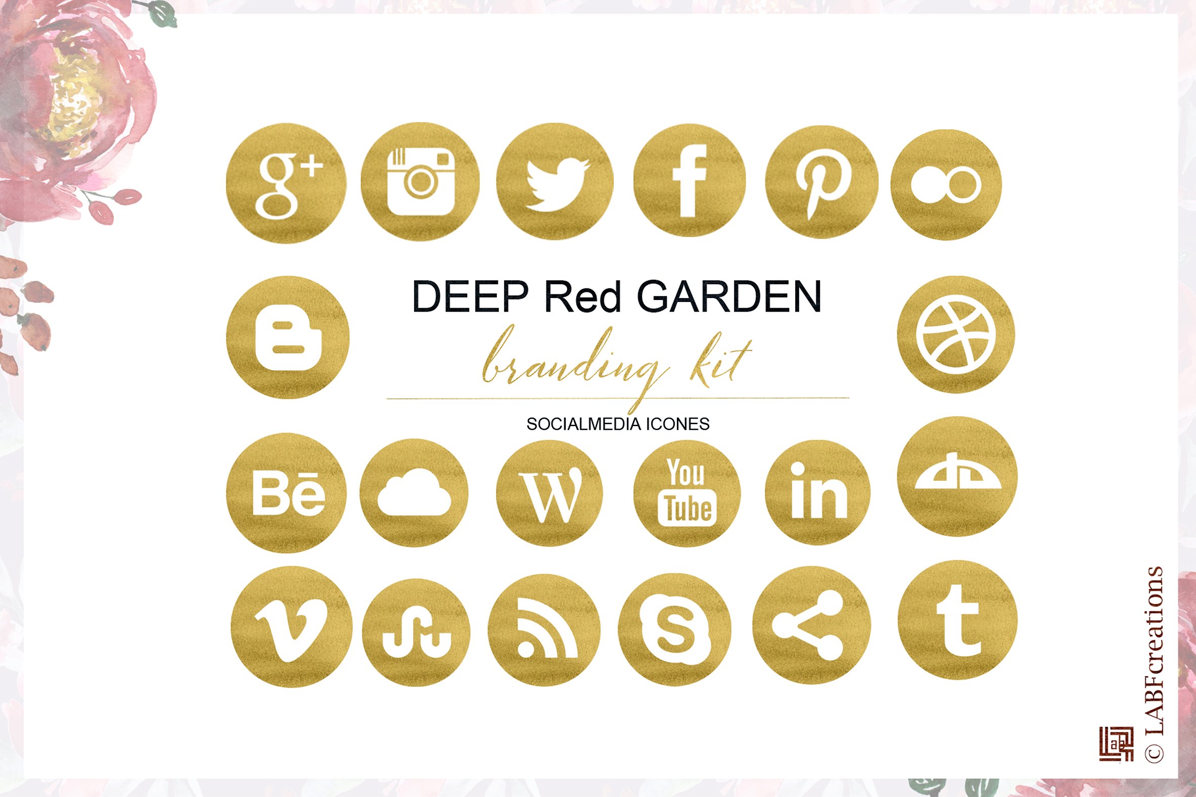 手绘水彩花卉植物设计素材 Deep red garden.