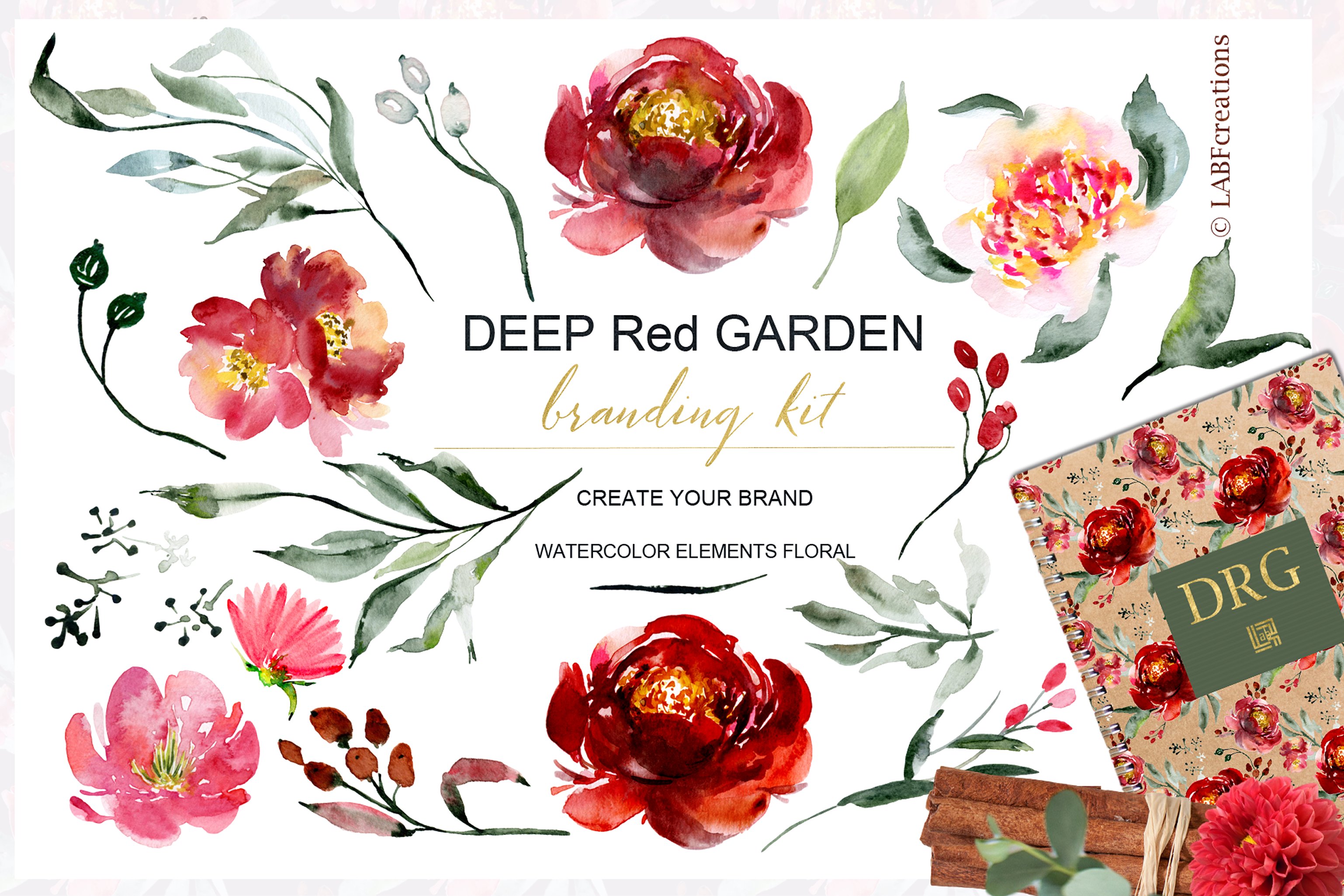 手绘水彩花卉图案设计背景Deep red garden. B