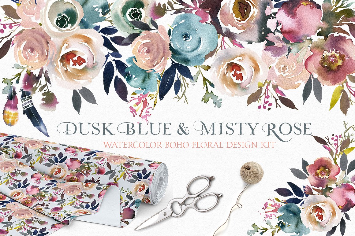 手绘水彩波西米亚风格玫瑰花卉设计素材 Dusk-Blue-M