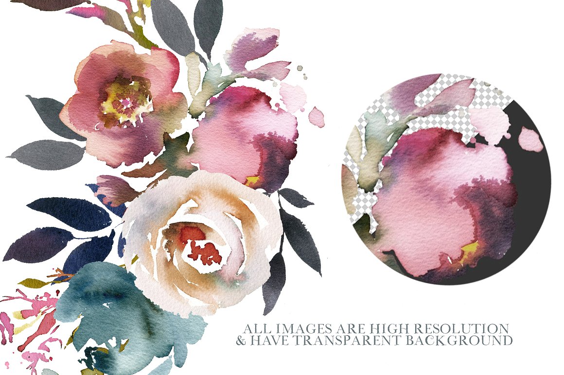 手绘水彩波西米亚风格玫瑰花卉设计素材 Dusk-Blue-M