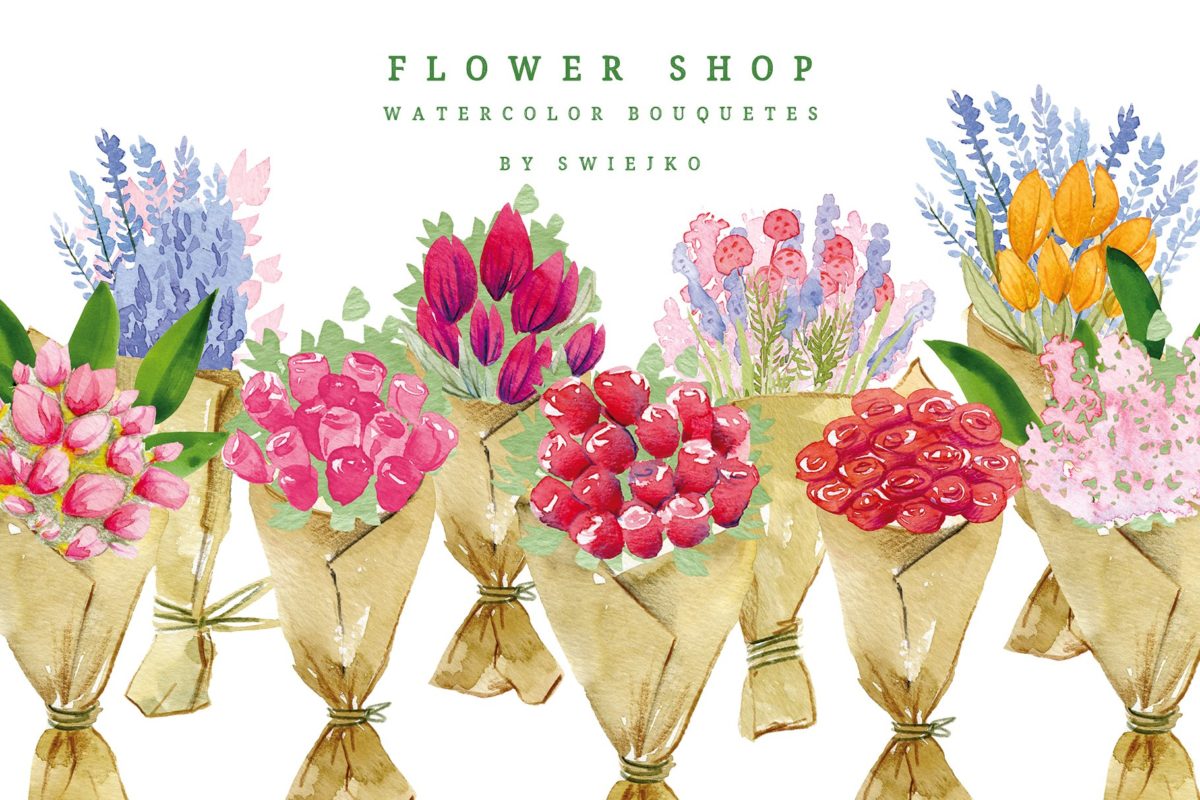 手绘水彩花园花店花卉植物设计素材 Flower-Shop-w