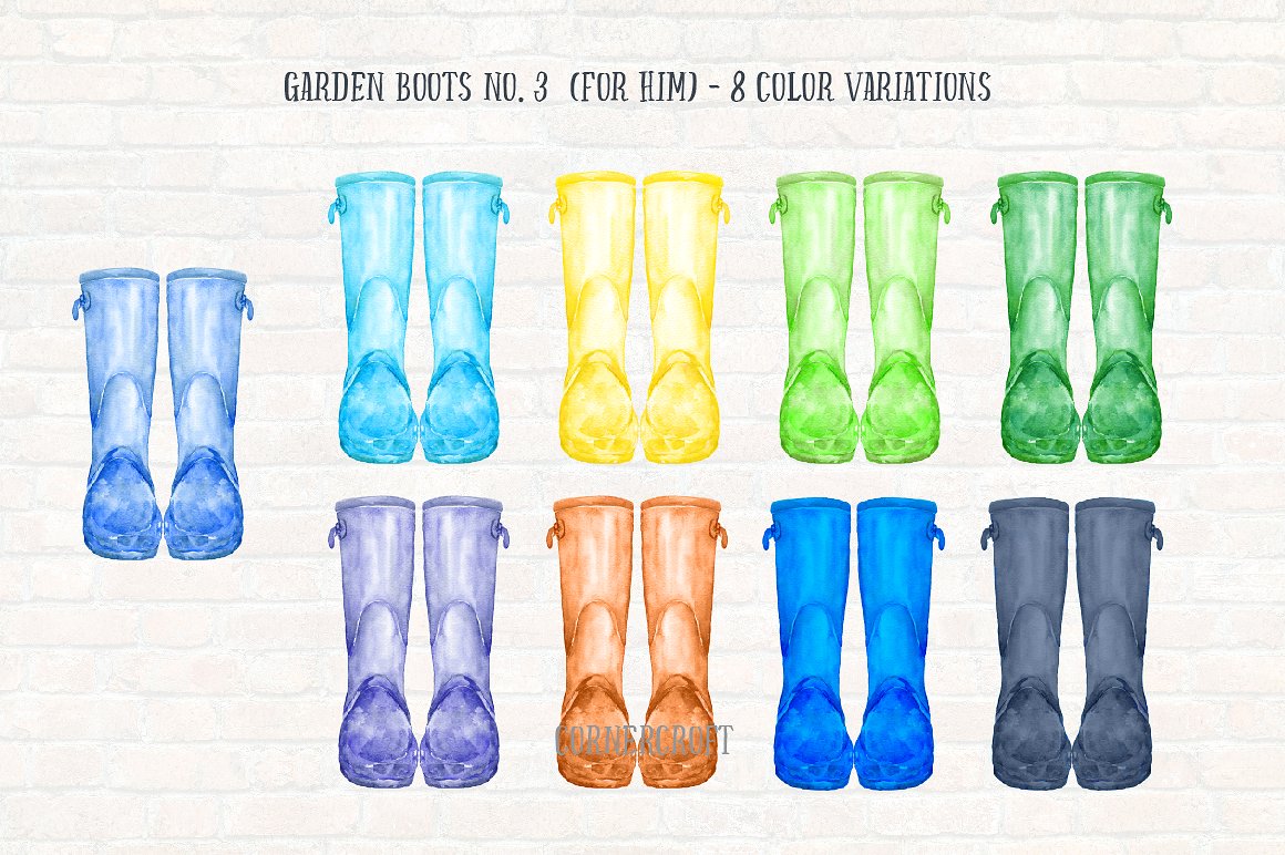 手绘水彩雨靴设计素材Watercolor Rubber Bo