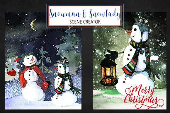 手绘水彩圣诞场景贺卡请柬设计模板 Snowmen-Chris