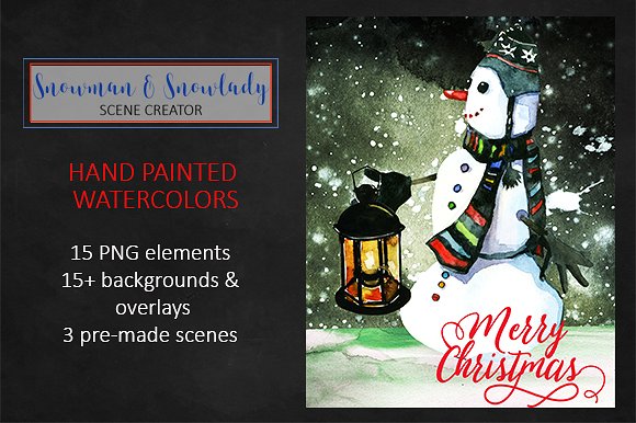 手绘水彩圣诞场景贺卡请柬设计模板 Snowmen-Chris