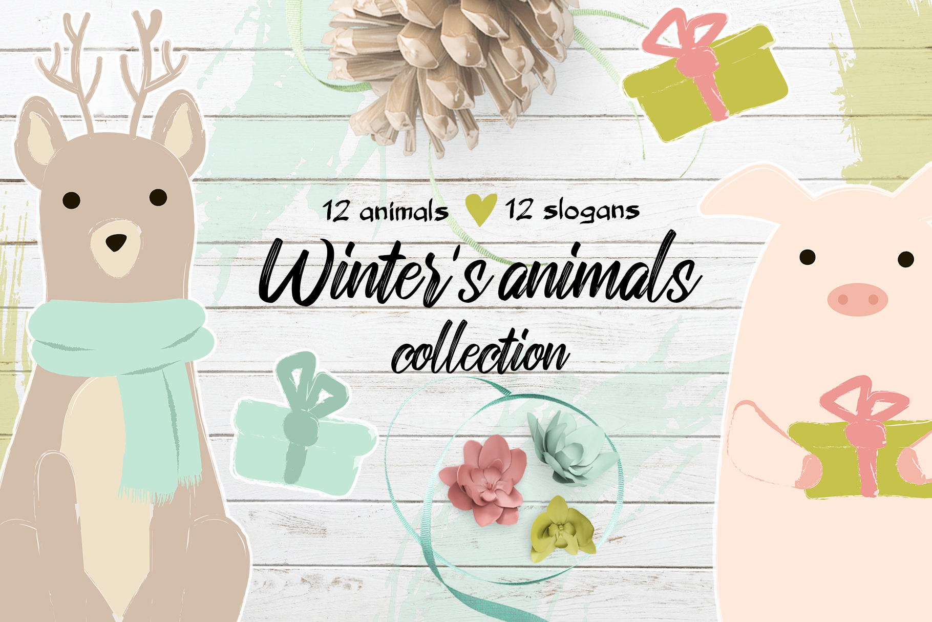 冬天的可爱动物手绘矢量插图素材 Winter's cute