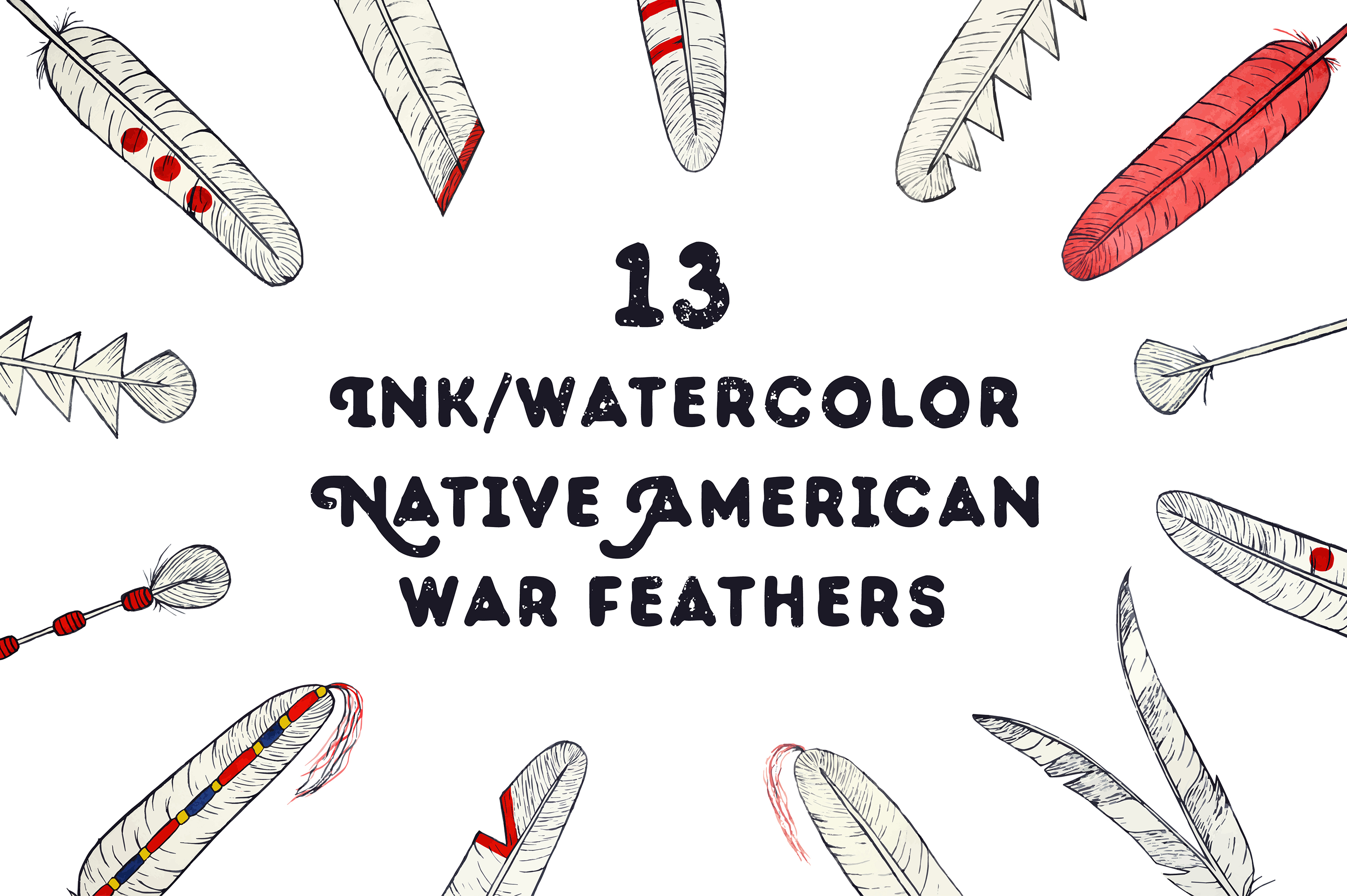 13个独特的手绘水彩美国原住民战争羽毛元素 Hand dra
