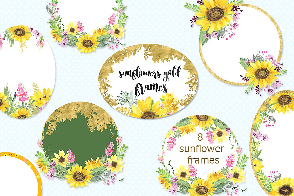 手绘水彩花卉向日葵设计素材 Sunflowers-and-p