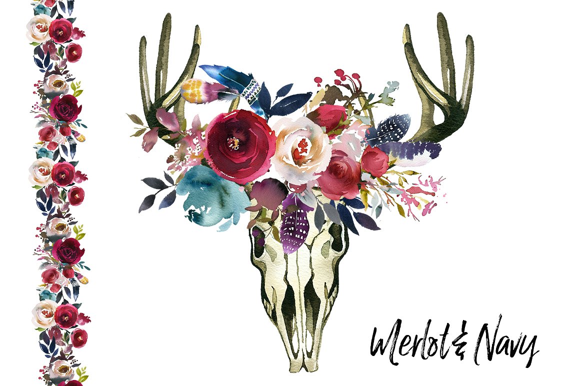 波西米亚风格手绘水彩花卉植物设计素材 Merlot-Navy