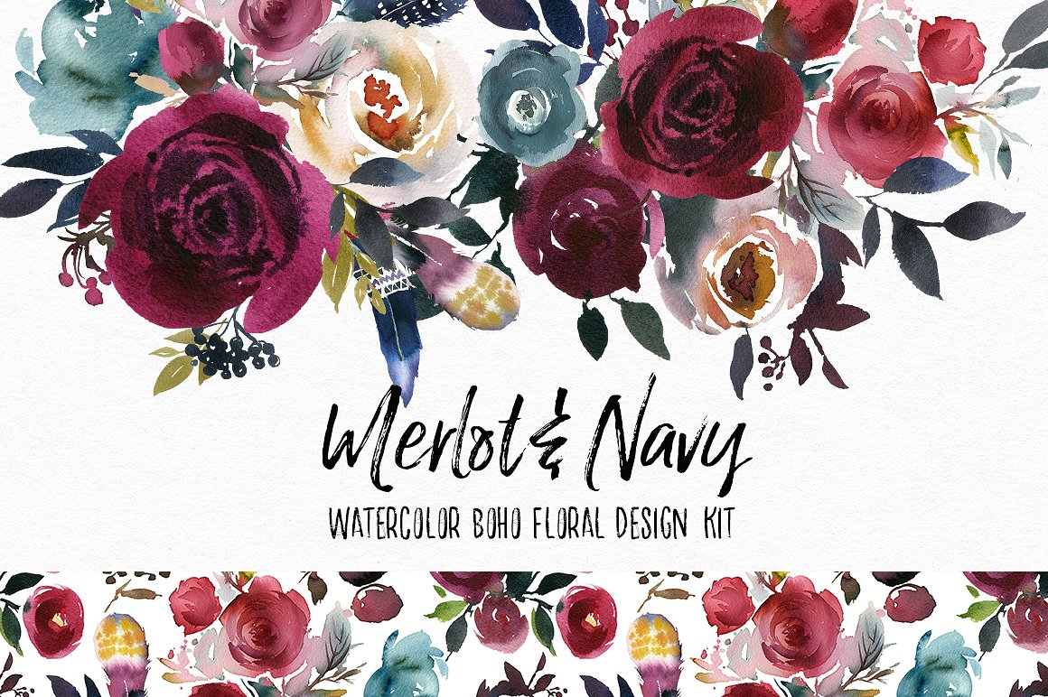 手绘水彩花卉植物设计素材Merlot & Navy