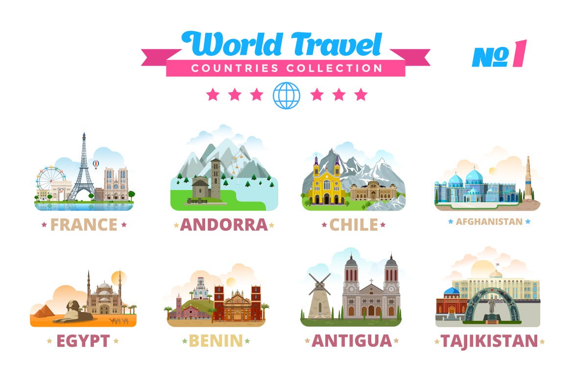 世界旅游国家遗产景点插图素材 world-travel-co