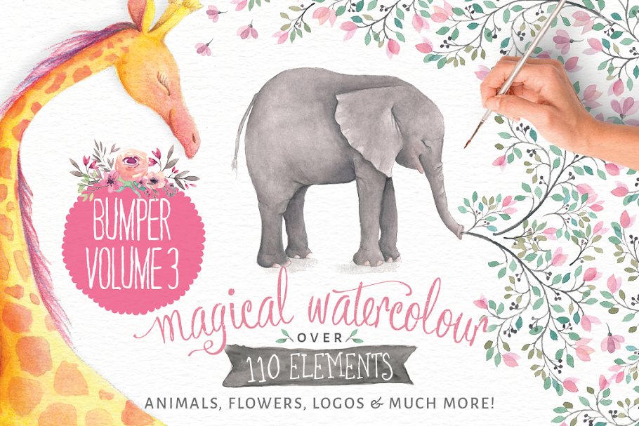 手绘水彩动物花卉插画设计素材 Magical-Waterco