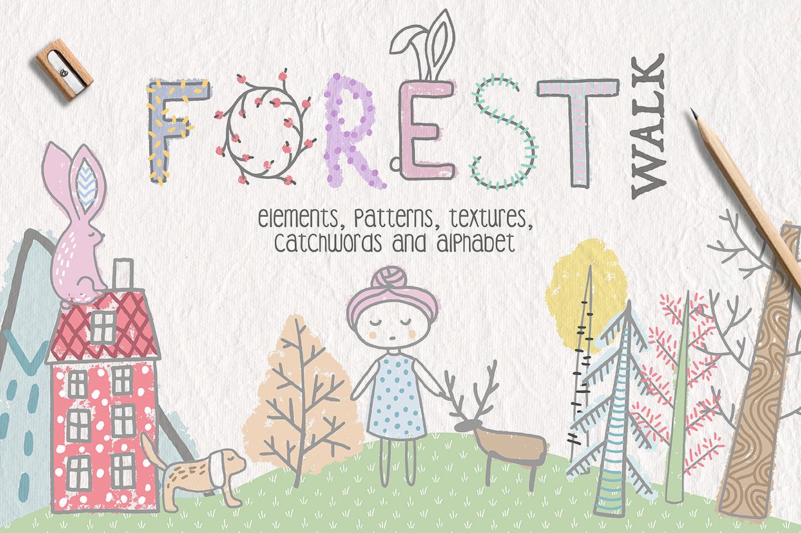 可爱风格手绘卡通甜美插画装饰素材 Forest-Walk-C