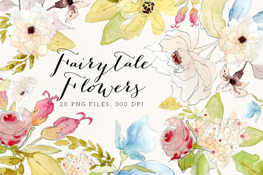 手绘水彩花卉植物设计素材 Fairytale-Flowers